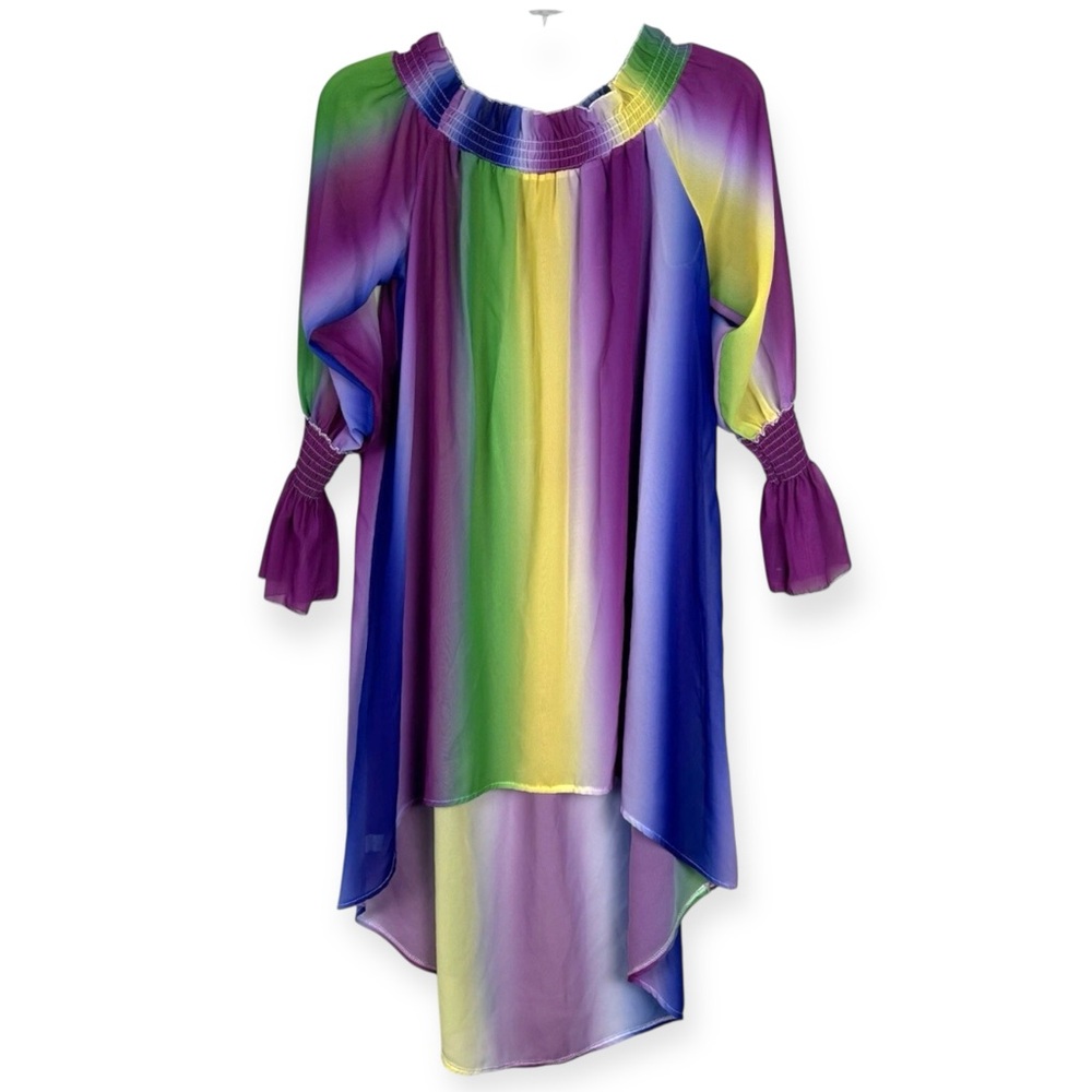 Colorful Chiffon High Low Swimsuit Cover Up Off The Shoulder Womens XL Sheer